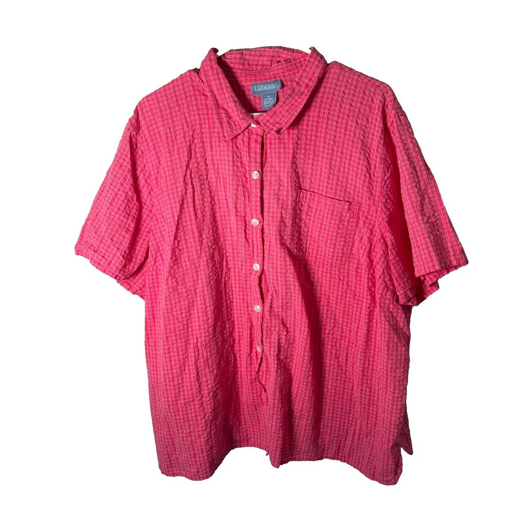 Liz & Me Shirt Women's 3X Plaid Button Up Textured Short Sleeve Pink Top